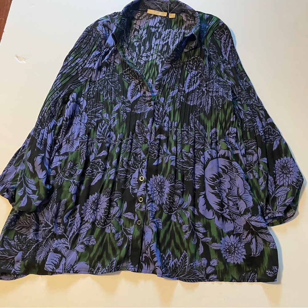 Sunny Leigh Black Floral Pleated Blouse with Purple Print